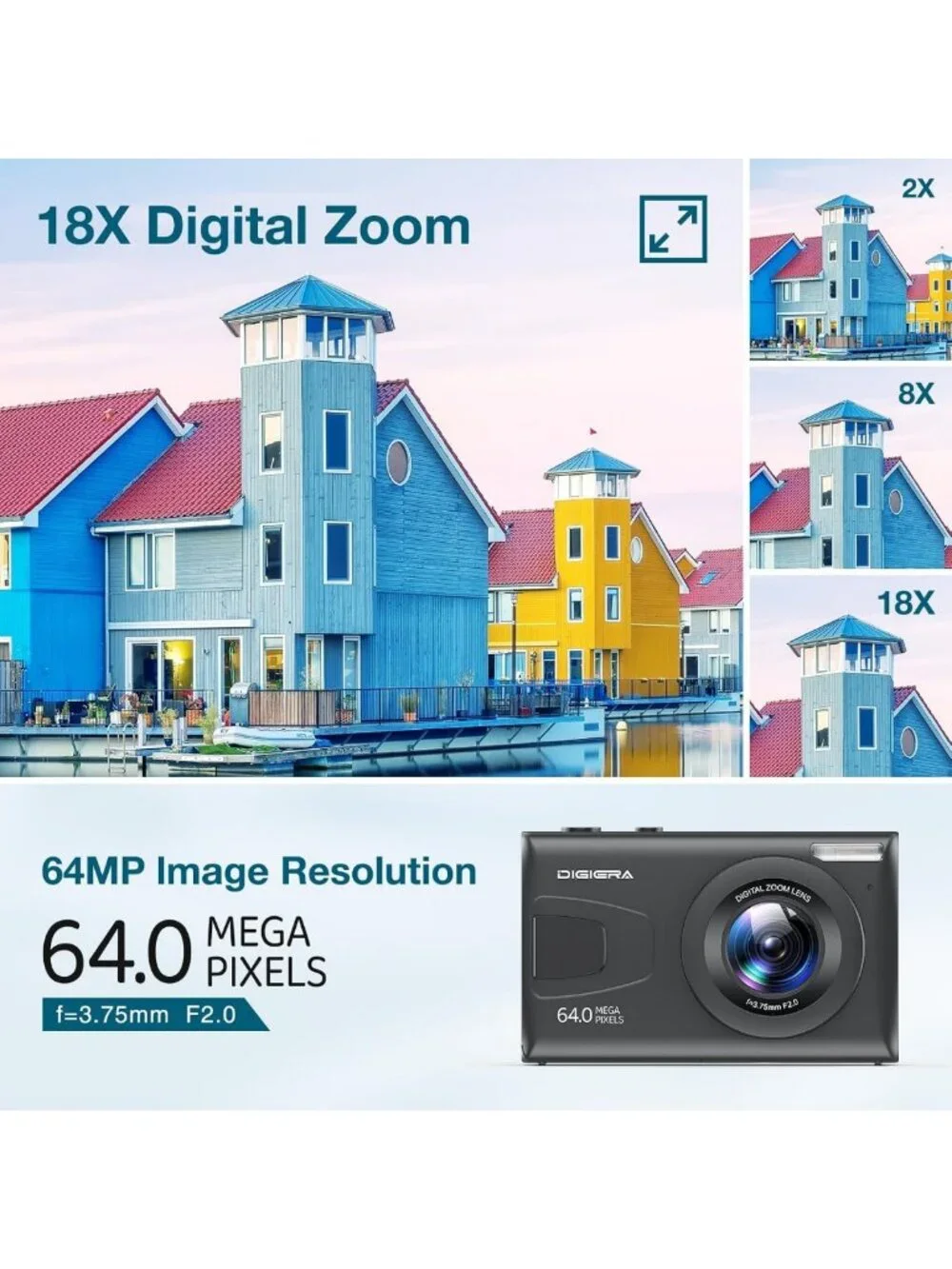 64MP 4K Digital Camera with 18X Zoom, LCD Screen, Anti-Shake, Vlogging Kit